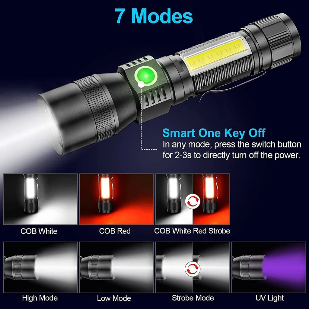 10W magnet USB rechargeable flashlight with aluminium alloy body and focusing beam on black background
