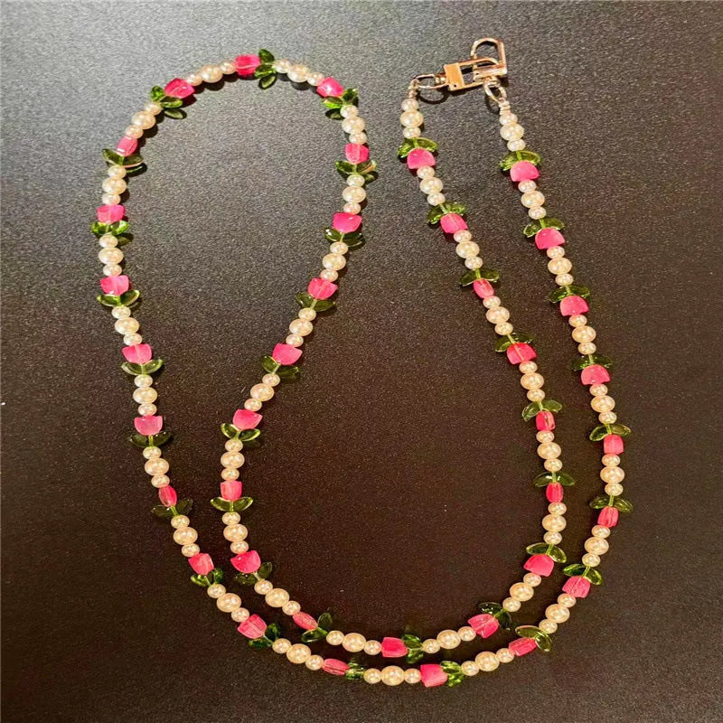 Tulip round beads mobile phone lanyard with card holder, long crossbody chain in PVC