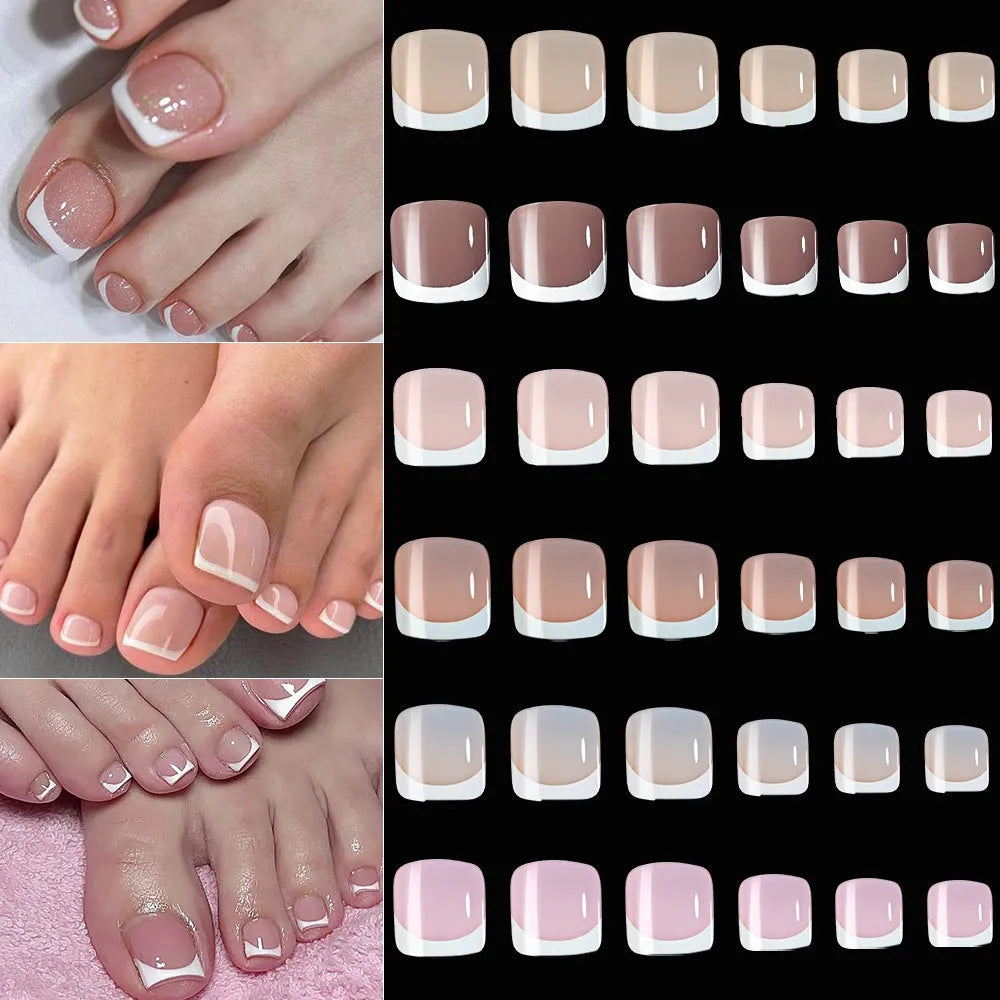 Box of 120 French white edge nude full square short artificial toe nails in nine shades