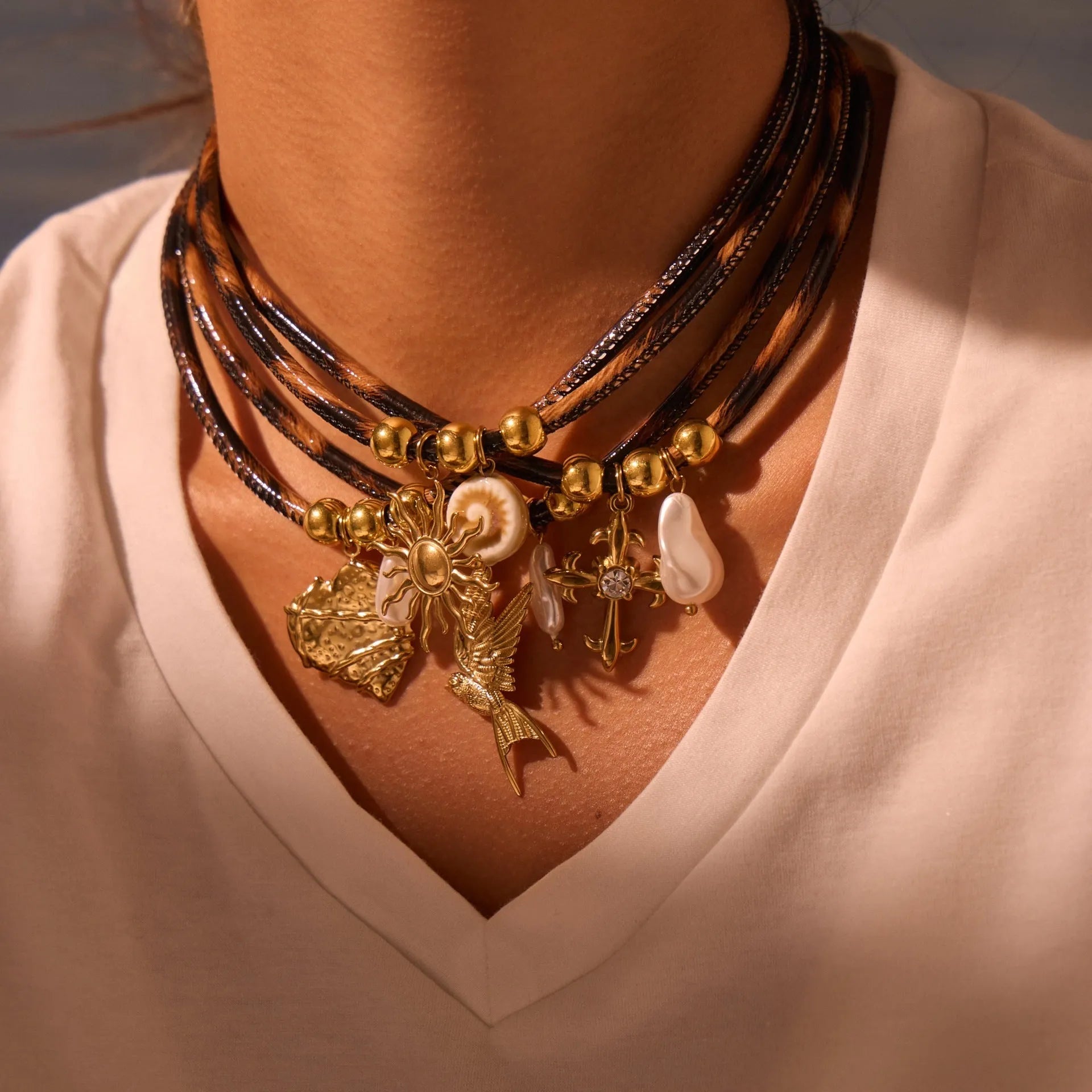 Geometric leopard leather pendant on stainless steel necklace with adjustable 41-50cm chain