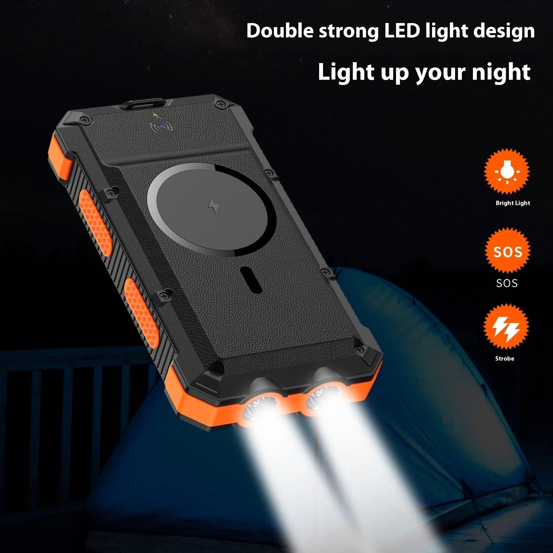 Solar magnetic wireless charger power bank 20000mAh with outdoor lighting in black, blue, green, orange, red options