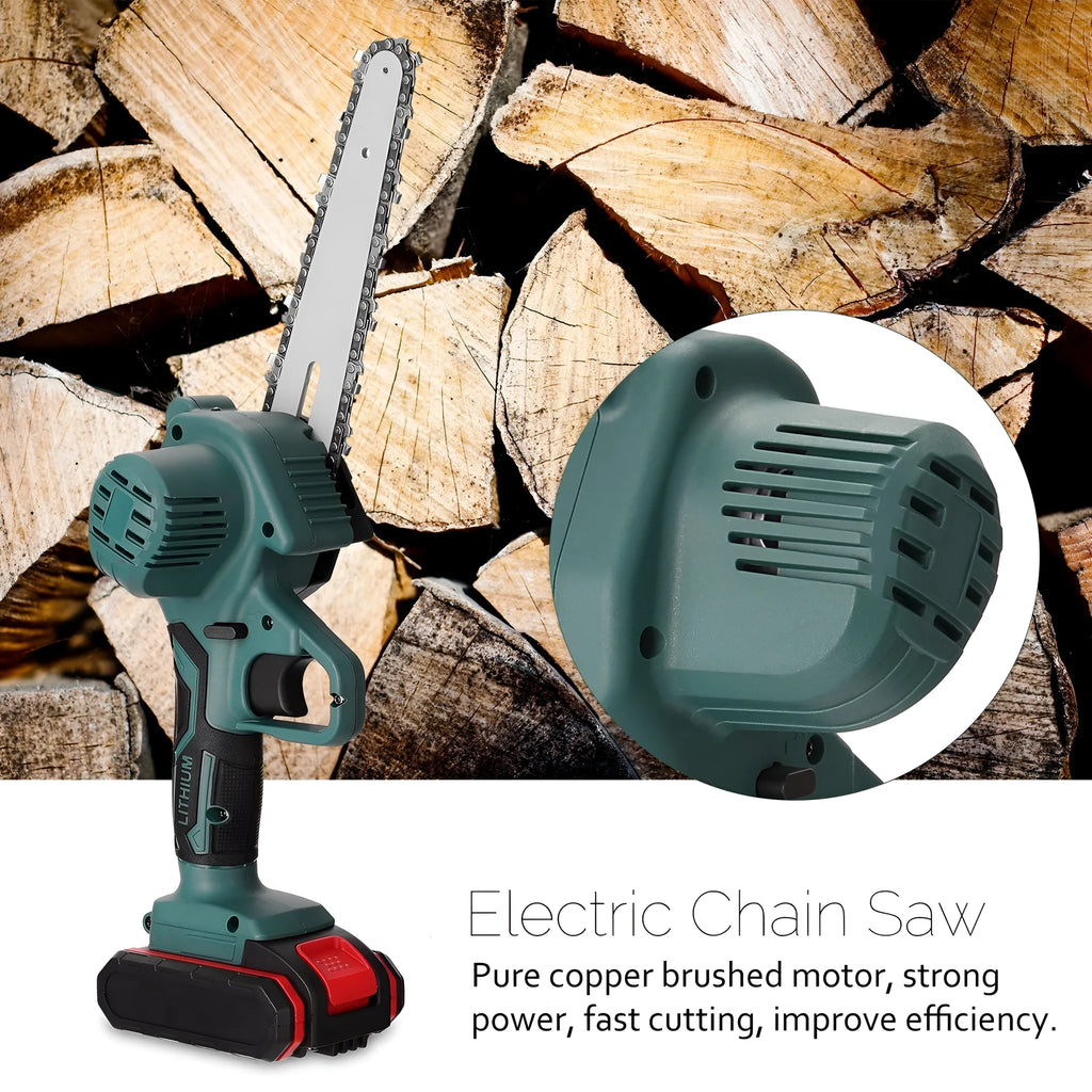 Black mini electric chainsaw with green accents, held in one hand, showing compact size and 4-inch guide bar.