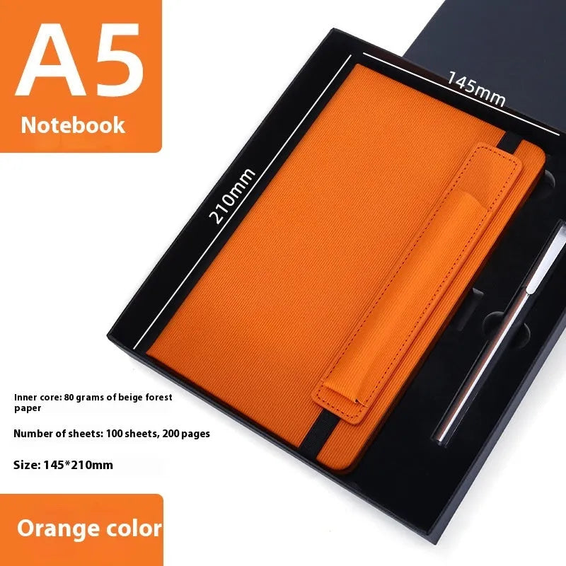 A5 faux leather notebook open with pen insert and strap, 200 pages, blue and black options