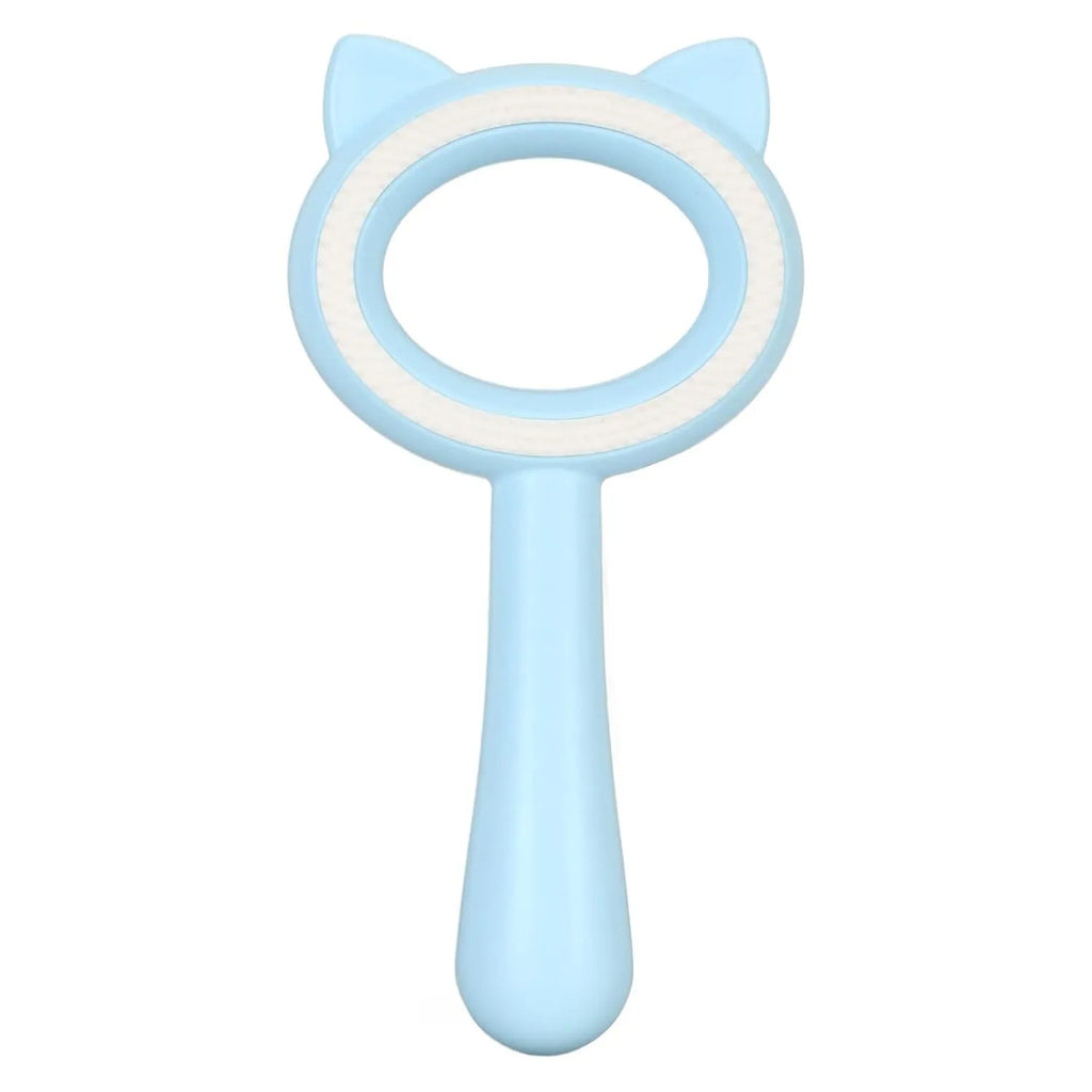Blue and white double-sided pet grooming brush with deshedding comb and massage comb on a comfortable handle.