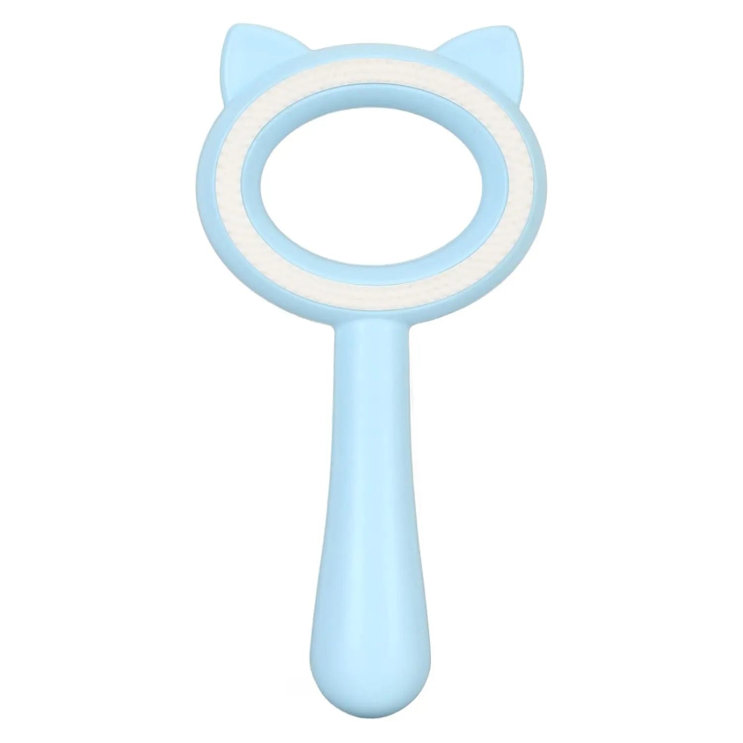 Blue and white double-sided pet grooming brush with deshedding comb and massage comb on a comfortable handle.