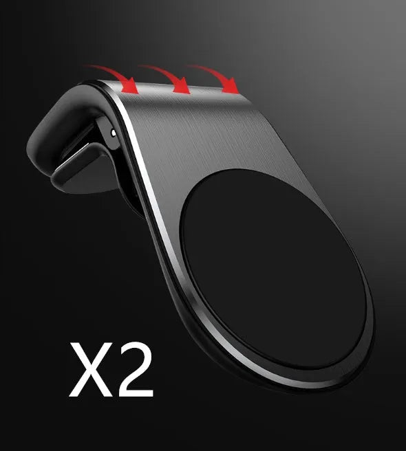 Black universal car phone holder bracket mounted on a car dashboard holding a smartphone.