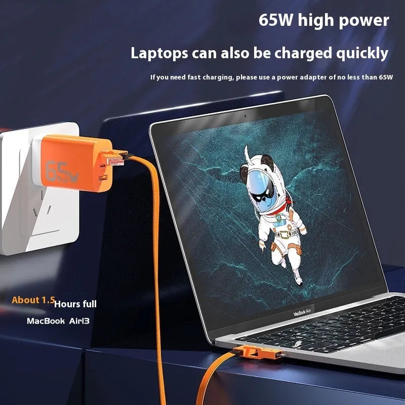 65W woven data cable 1.5m with Lightning and Type-C connectors, two-drag-two design, available in black white orange