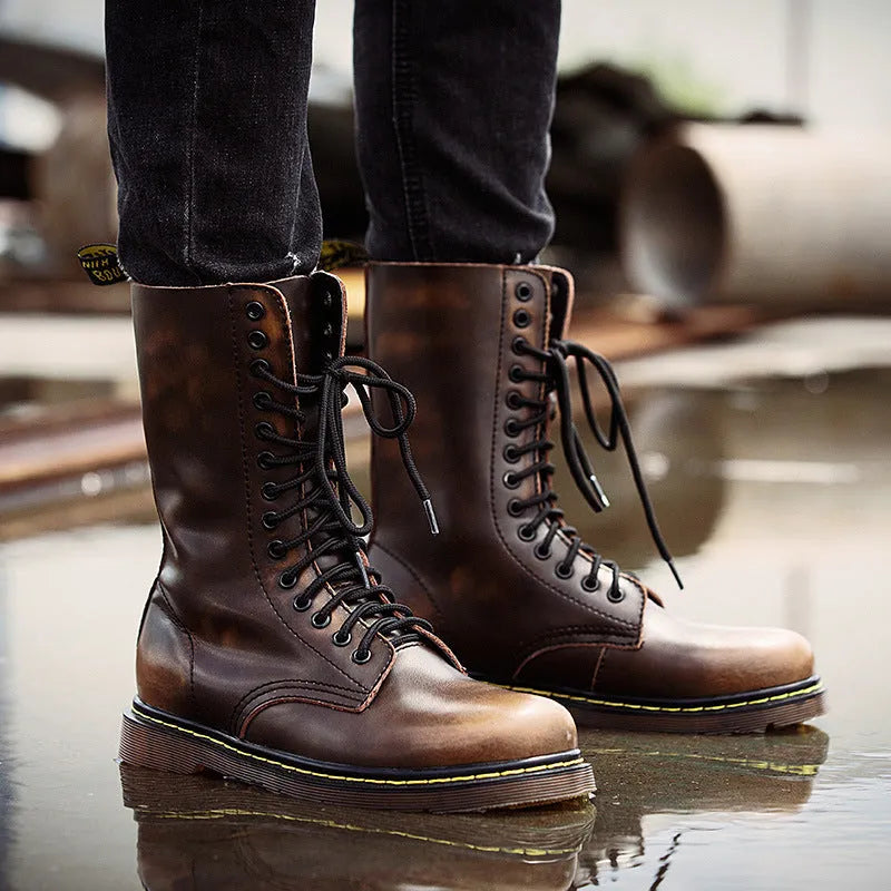 Men's leather lace-up casual shoes in black, brown, or wine red with round toe and flat heel