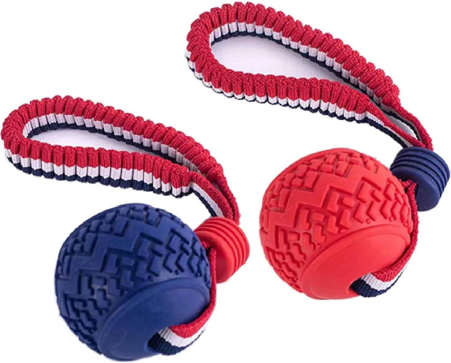 Blue and red natural rubber dog ball with attached rope for tug-of-war and teeth cleaning