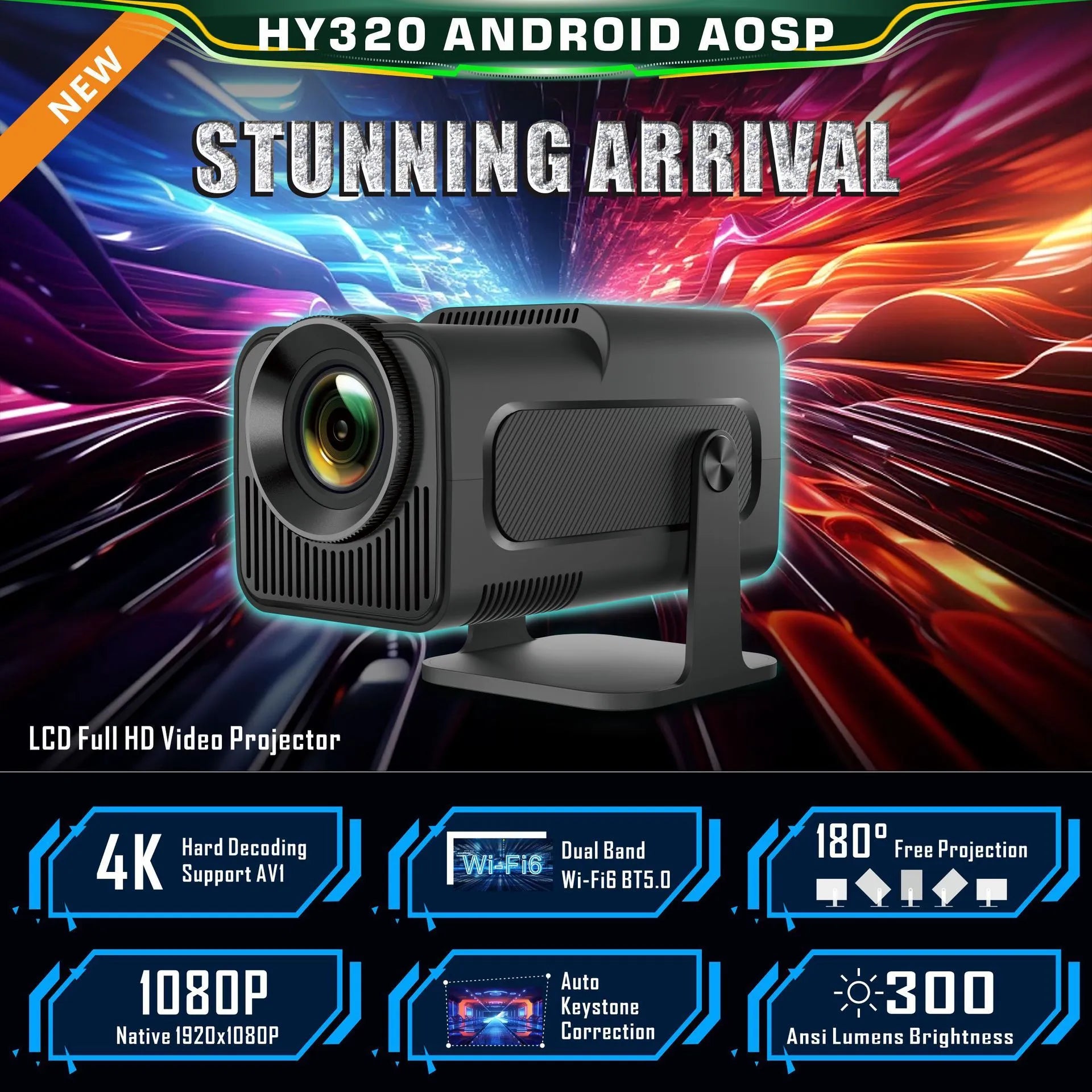 HY320 Android small HD smart projector 1080p with PTZ bracket and remote control