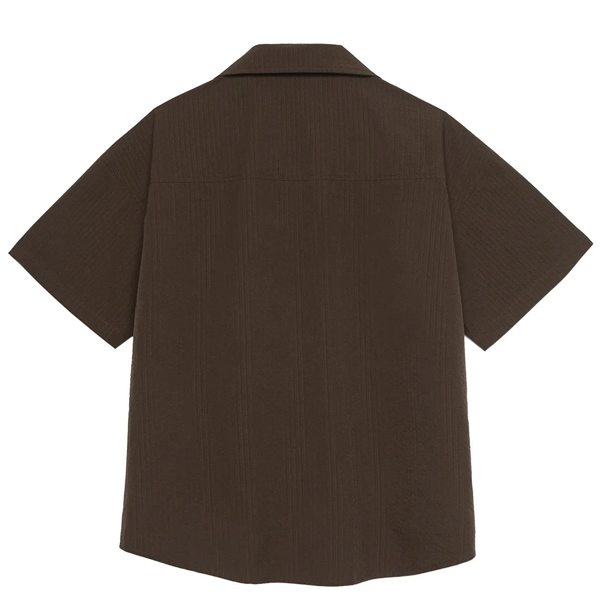 Man wearing brown striped waterproof short sleeve shirt with Cuban collar for outdoor camping.