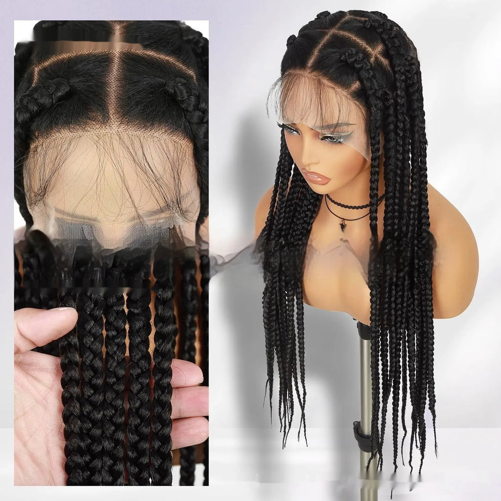 Hand-woven full lace synthetic fibre three-strand braid wig cap in natural black 1B, 36 inches long