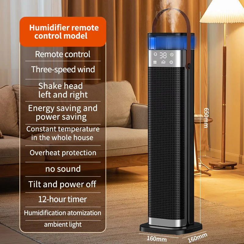 Slim vertical ceramic heater with humidifier function and remote control on a table.