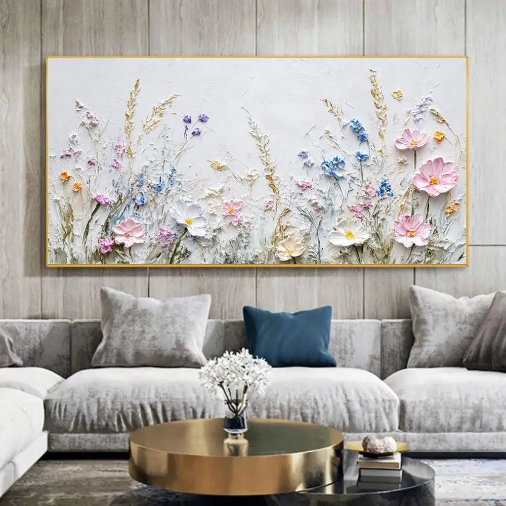 Handmade oil painting canvas with 3D palette knife flowers, rolled frameless unstretched wall art for home decor