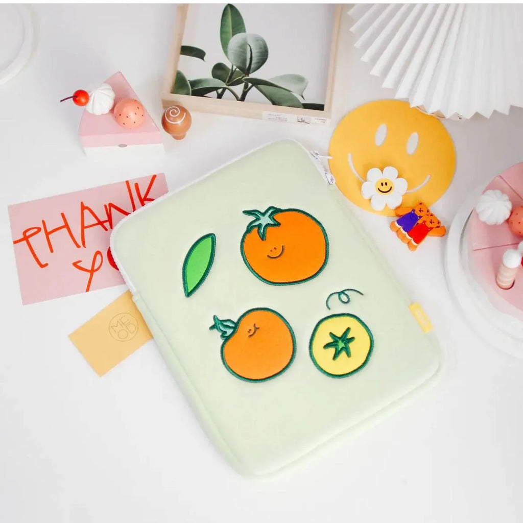 Tomato-coloured cotton cloth tablet inner bag with embroidered tomato design, for 11 inch and 15 to 15.6 inch devices