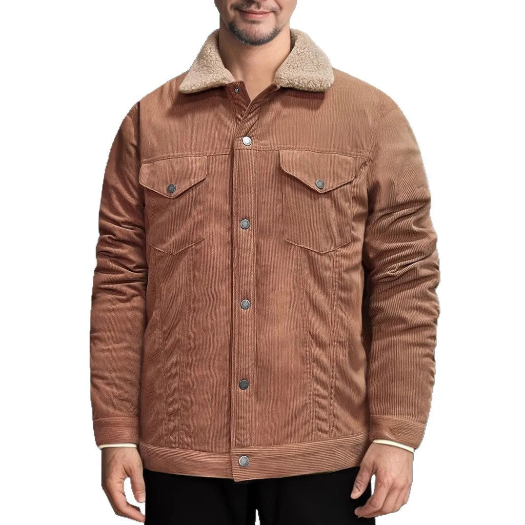Men's long sleeve lapel corduroy fleece-lined jacket in thickened polyester bamboo fibre blend, eight colours, S-XXXL