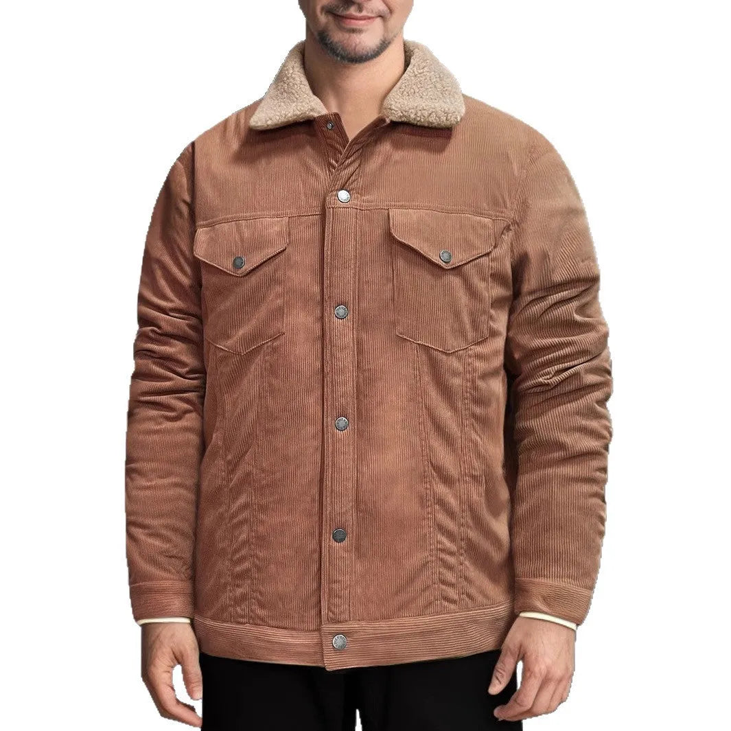 Men's long sleeve lapel corduroy fleece-lined jacket in thickened polyester bamboo fibre blend, eight colours, S-XXXL