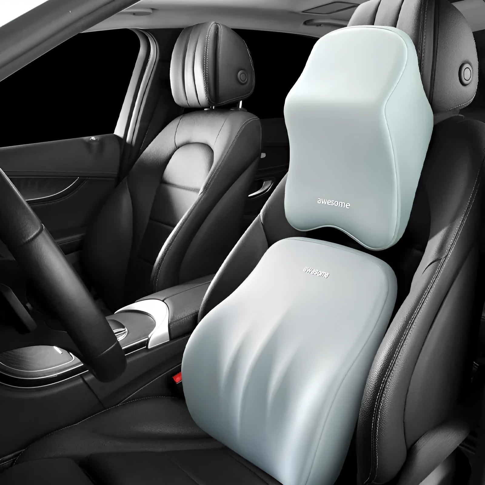 Memory foam car lumbar pillow and matching headrest with geometric pattern in choice of four colours