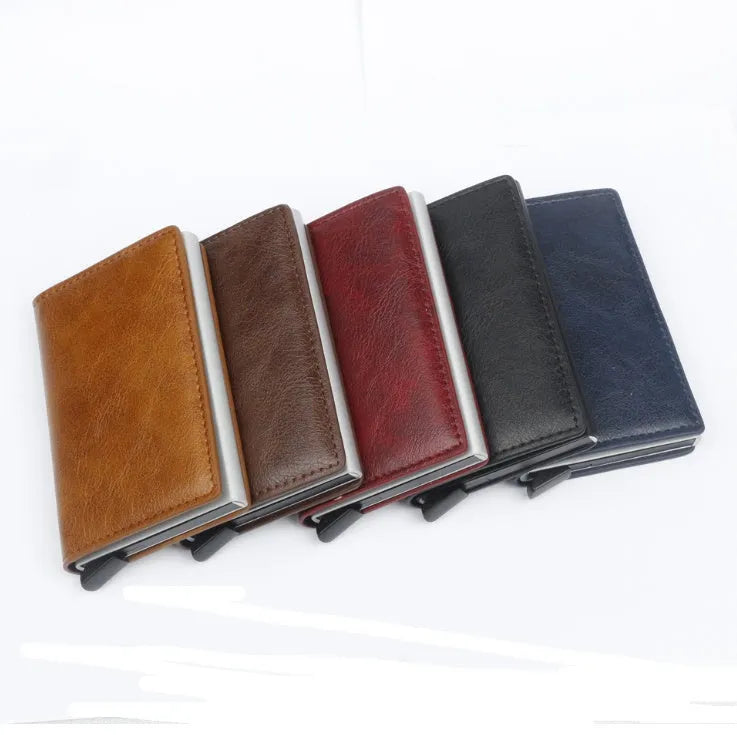 PU automatic card holder with aluminium alloy metal texture, slim design, RFID blocking card case