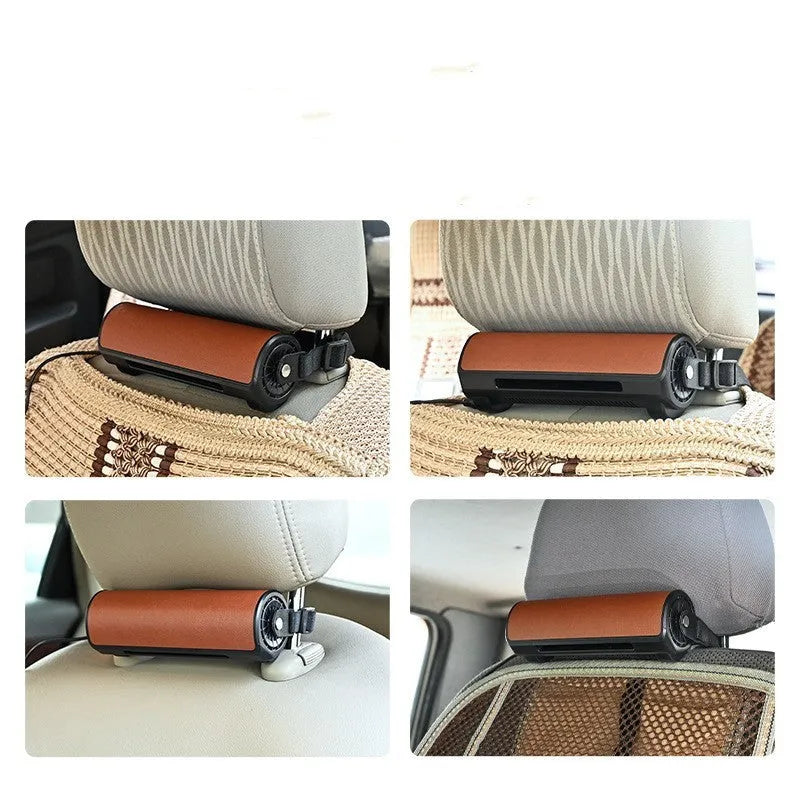 Black ventilated rear bladeless car mounted fan with USB power cord showing compact dimensions
