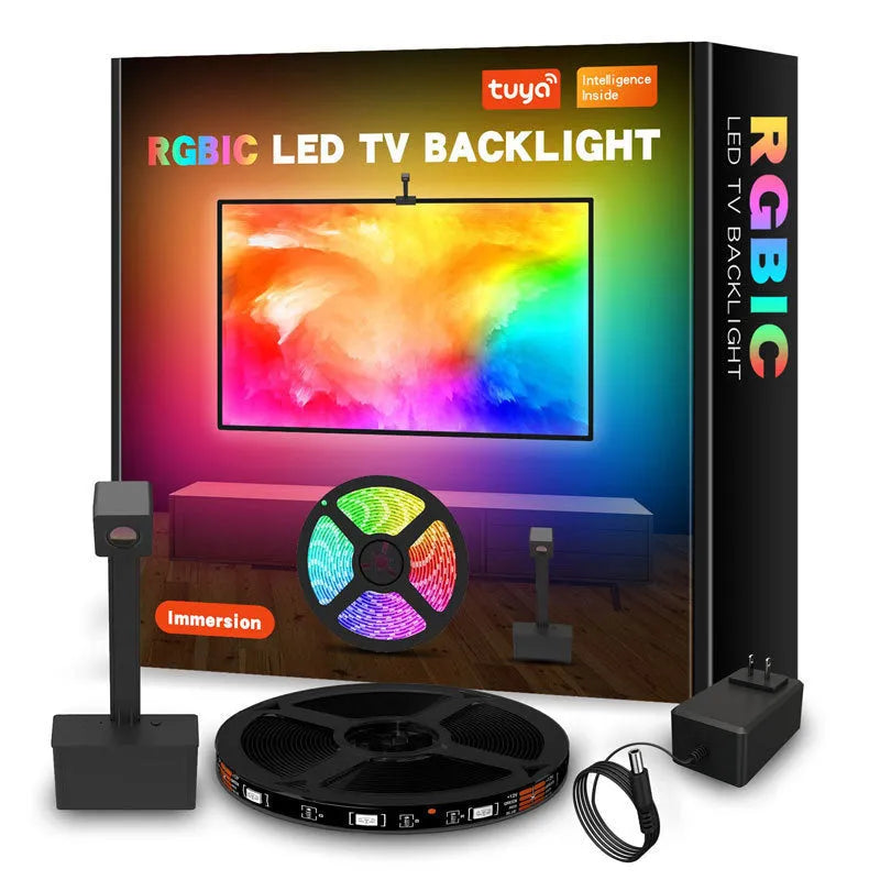 Smart TV LED backlight strip with a small camera for screen colour synchronisation, shown with remote and phone running the Tuya app.