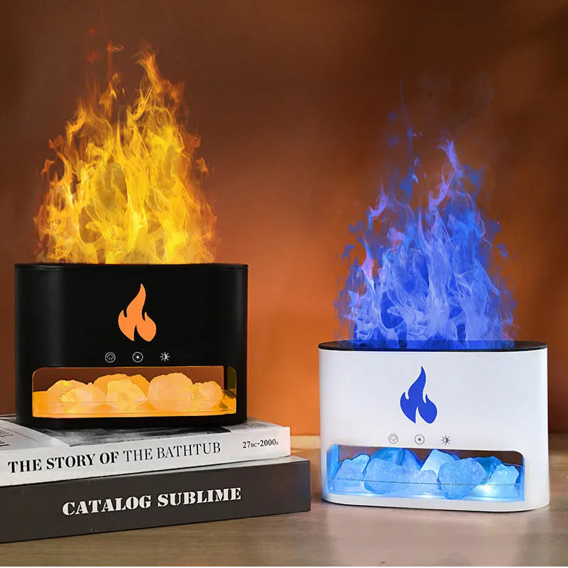 Square white flame effect humidifier with crystal salt stone and USB connection on wooden desk