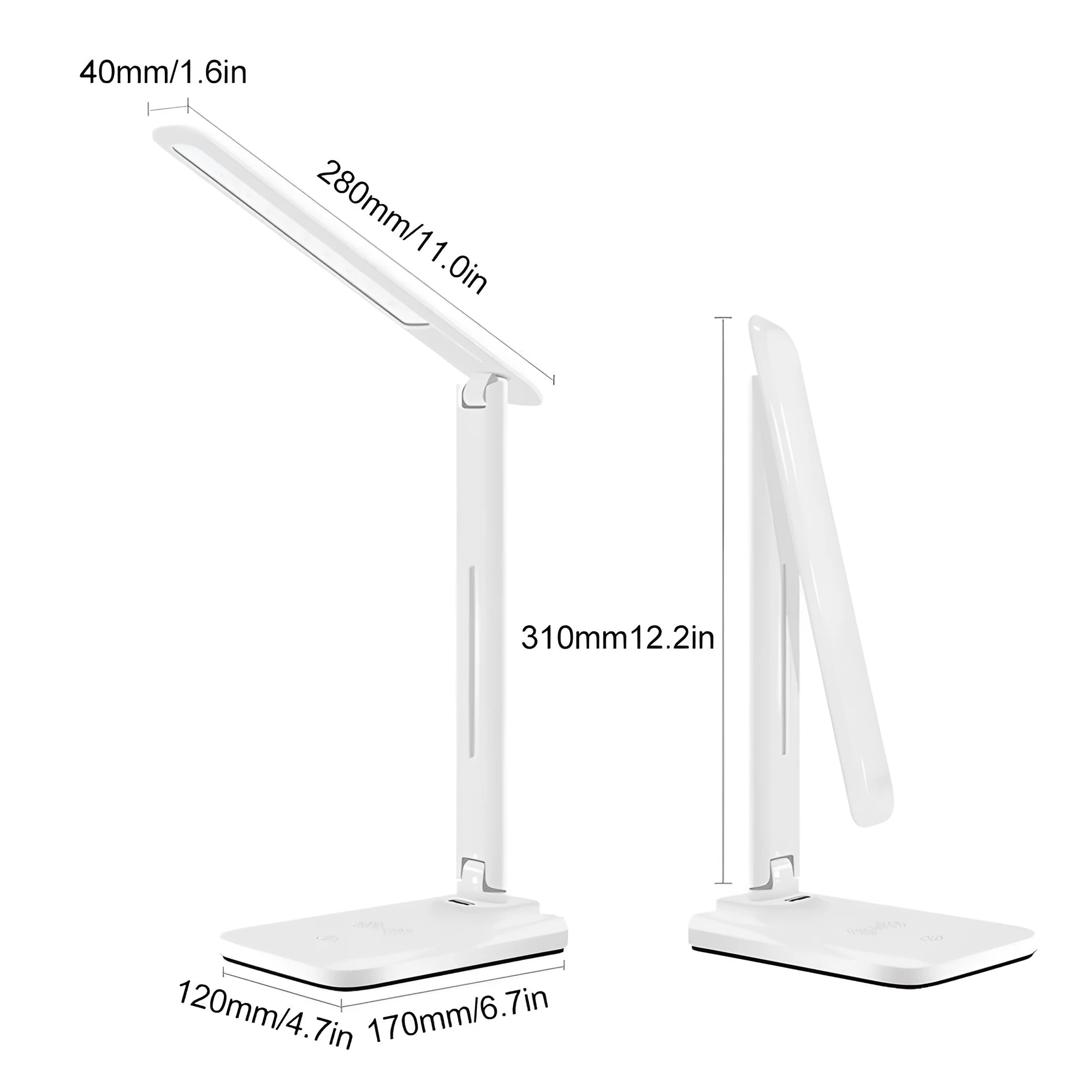 White eye protection desk lamp with Qi wireless charging base, 28 LED beads, touch dimmer, USB charging