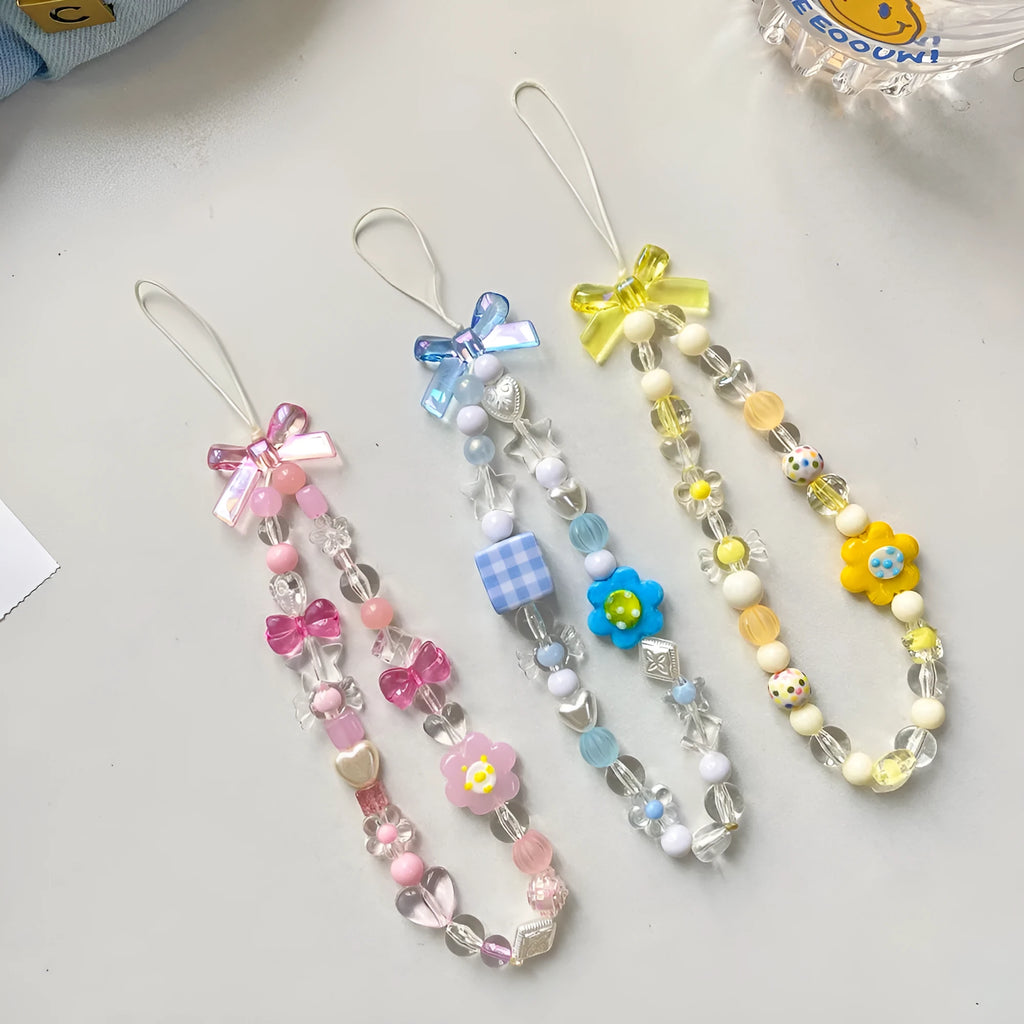 Plastic resin beaded mobile phone lanyard with flower beads in yellow