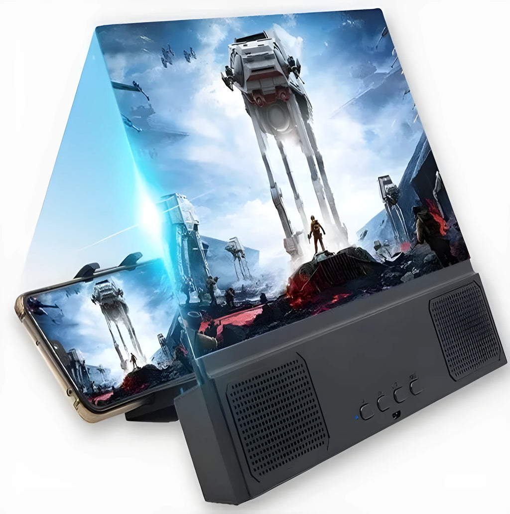 12-inch mobile phone screen amplifier with acrylic lens and ABS housing showing Bluetooth audio connectivity