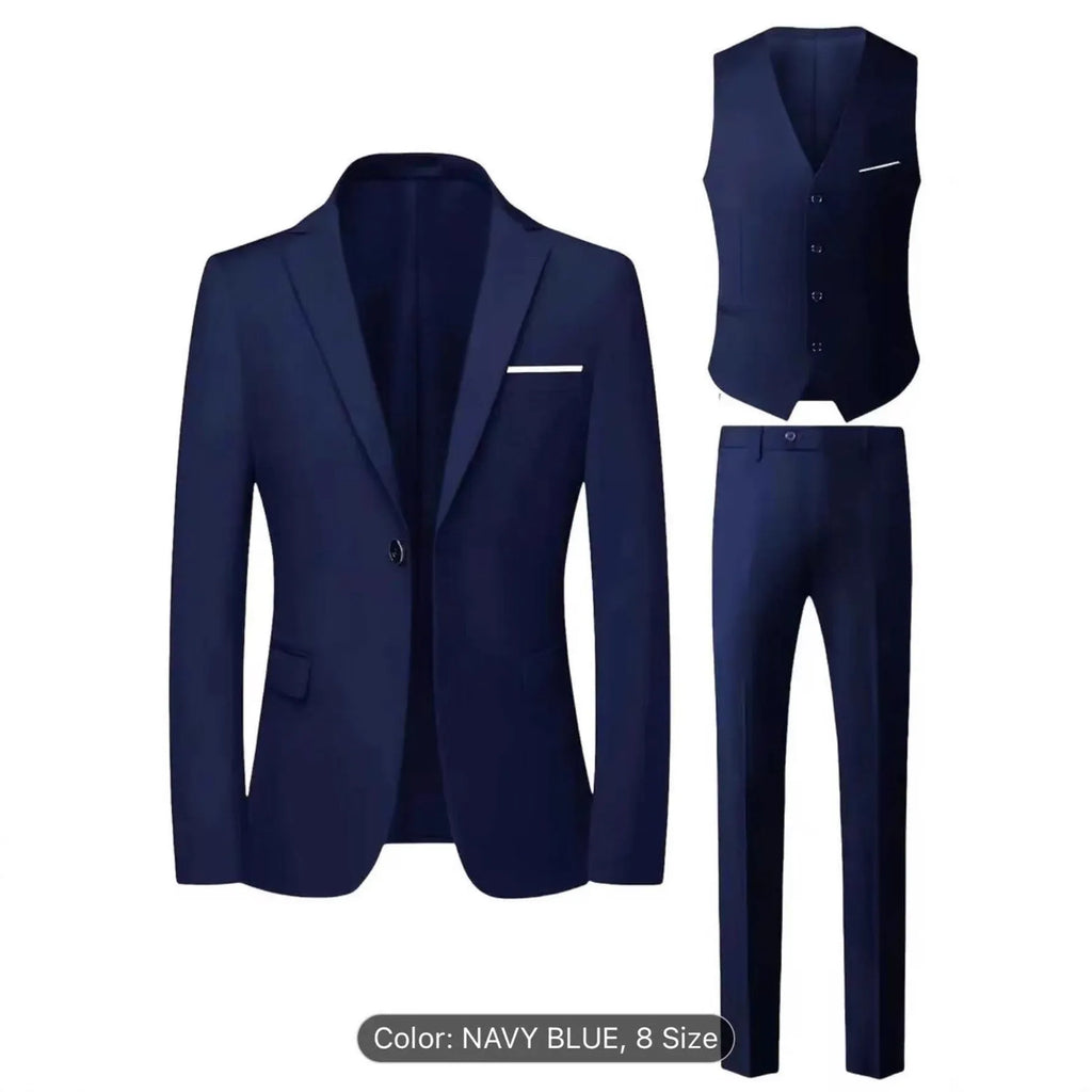 Men's three-piece suit set slim fit polyester formal wear in black, showing coat, vest, and trousers on a hanger