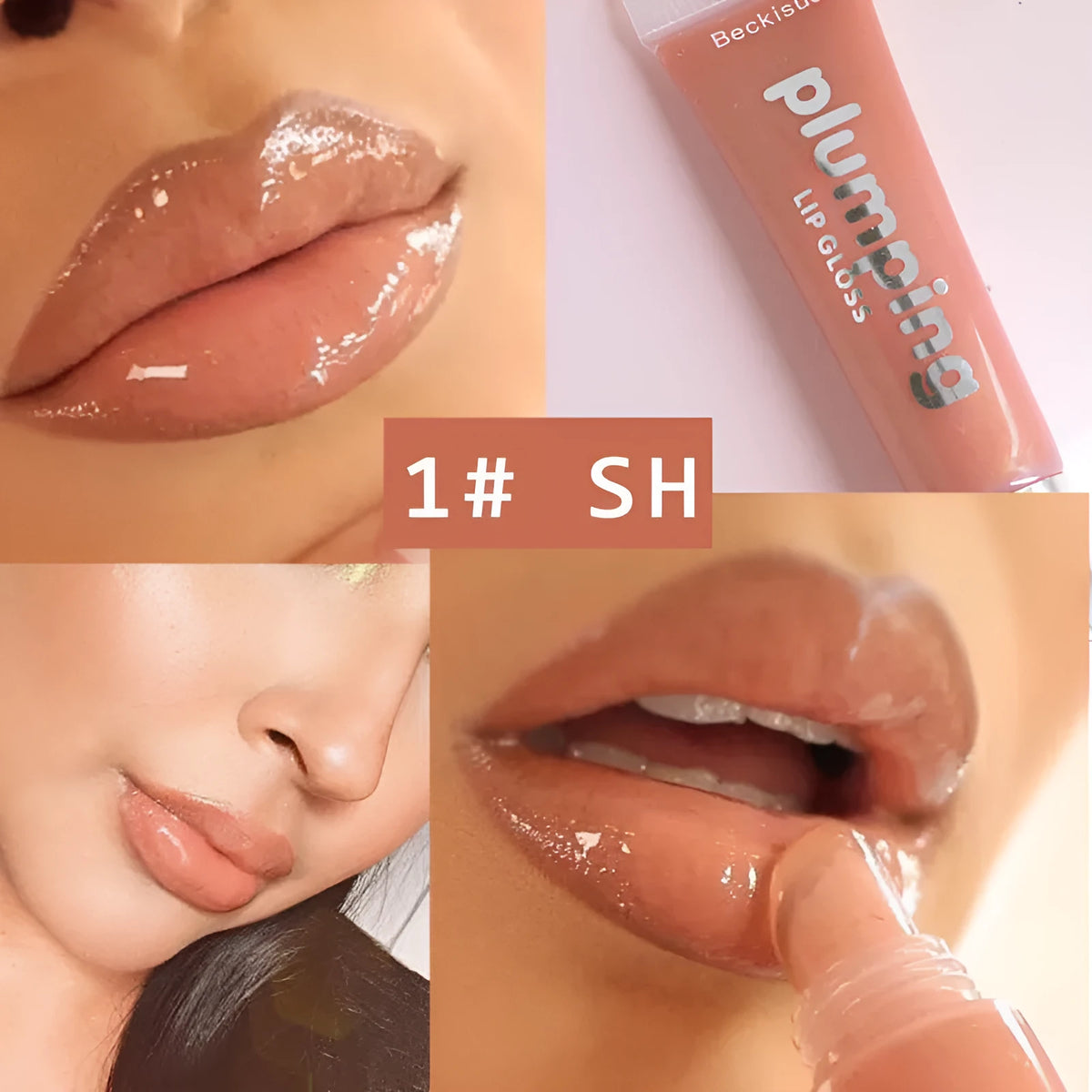 Wet Cherry Gloss Plumping Lip Gloss tube with Vitamin E, available in 9 colours including nude, pink, coral, brown, rose, and transparent