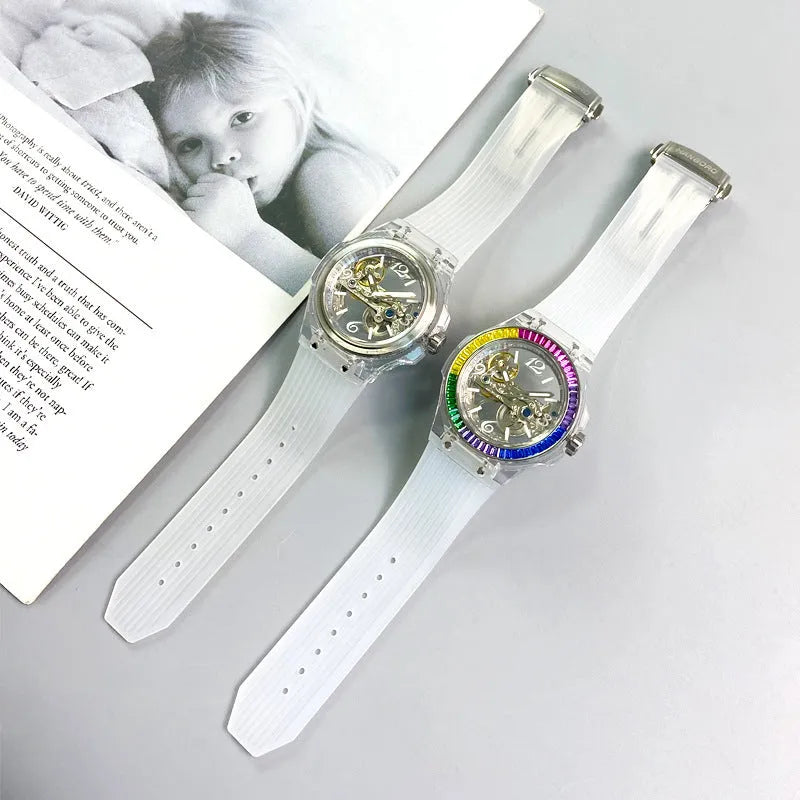 Full-automatic hollow large dial mechanical watch with transparent surface and white strap