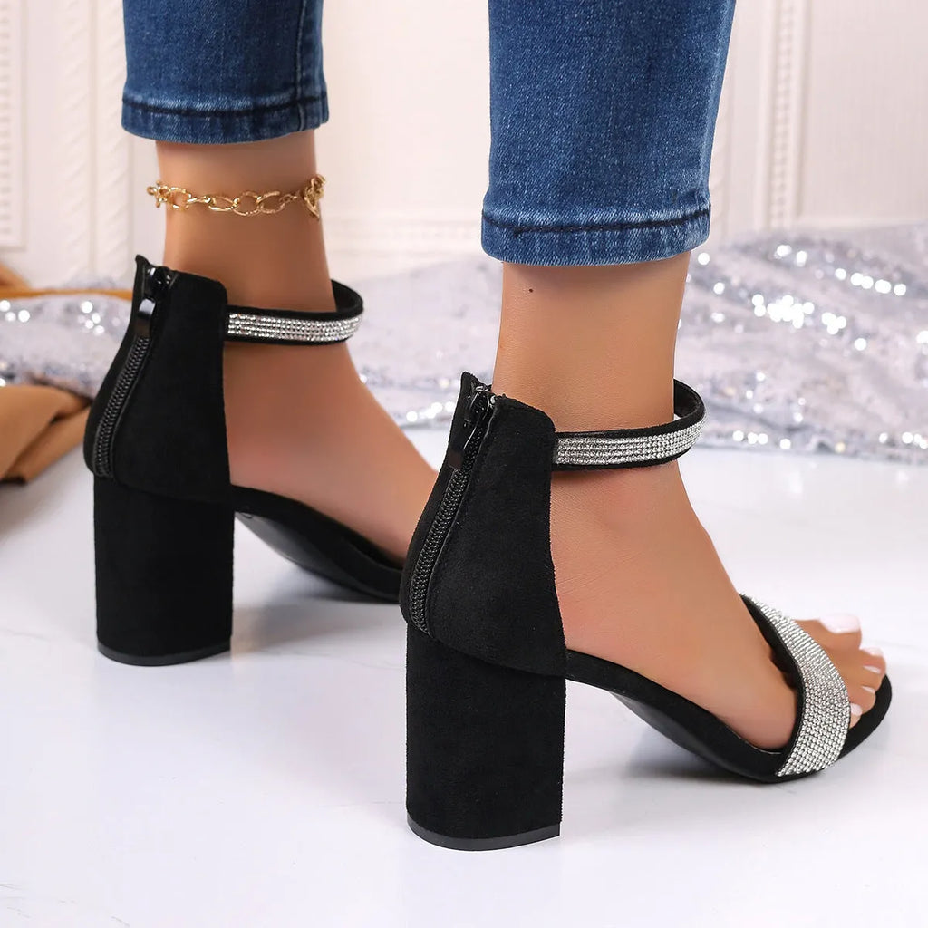 Rhinestone high heel sandals black suede chunky square heel open toe strappy women's shoes
