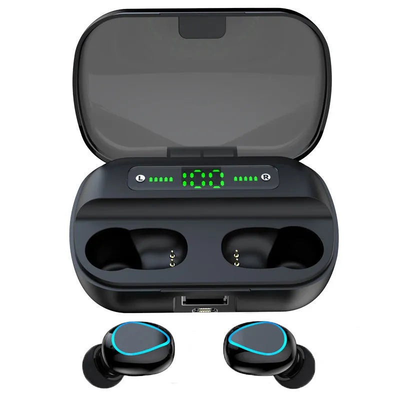 Black wireless Bluetooth in-ear headset with earplug design on a plain background