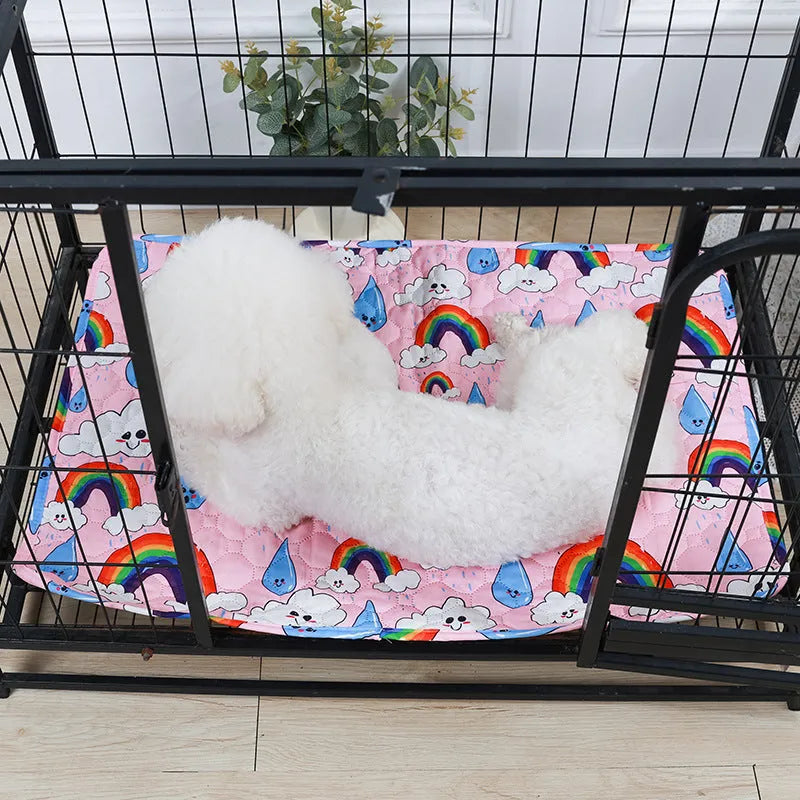 Reusable waterproof pet training pad with animal print design, shown in multiple sizes on a floor.