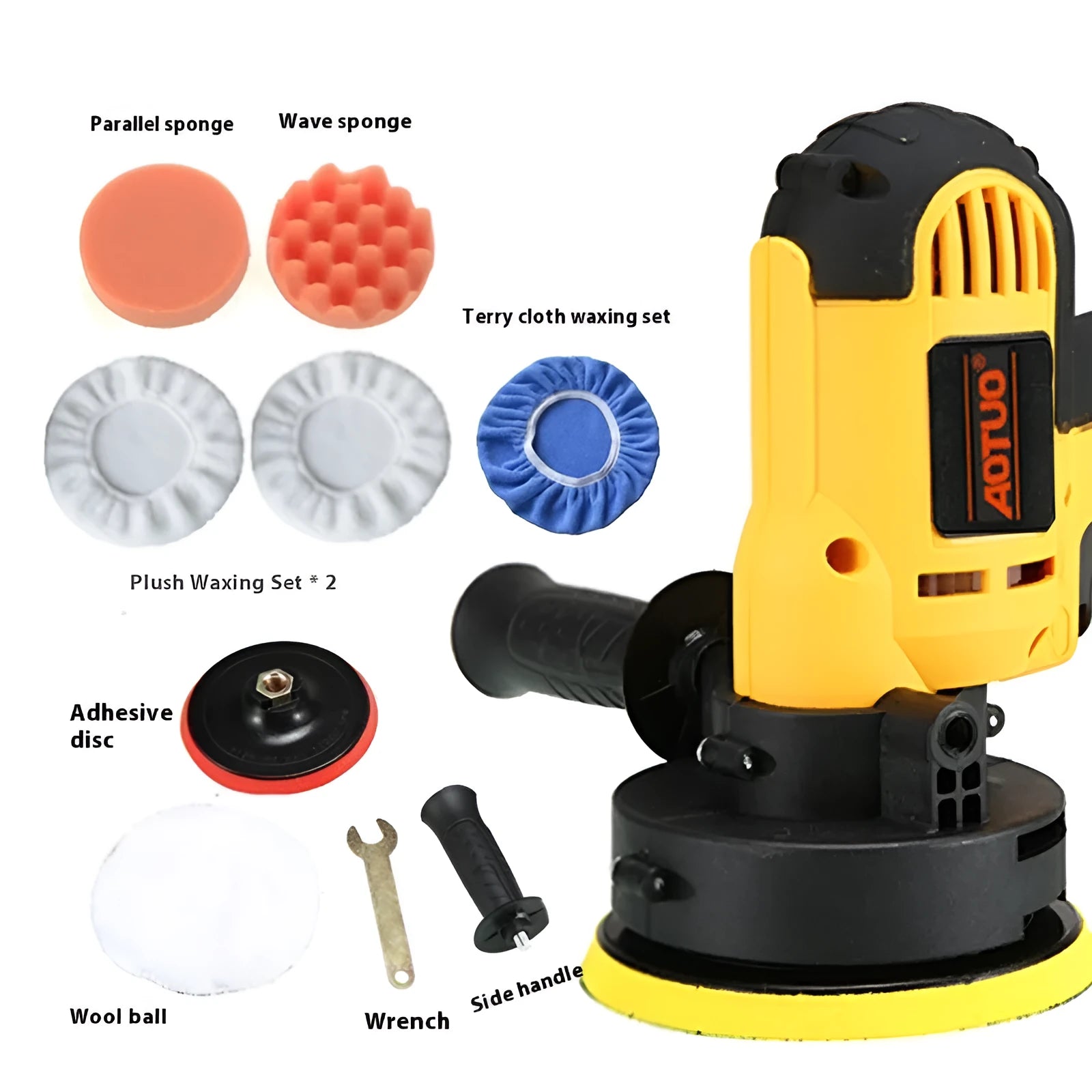 Yellow 110V car polishing machine 9-piece set with 700W motor, disc, wool ball, wrench, and side handle on a workshop bench