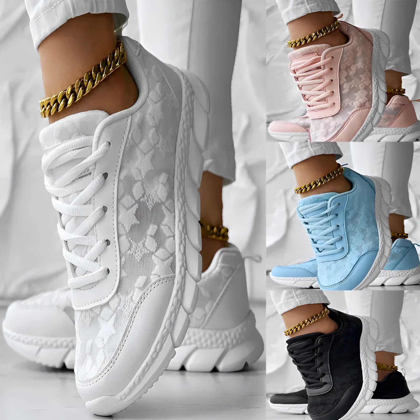 Women's white canvas running shoes with a round toe, flat heel, and soft sole on a neutral background.