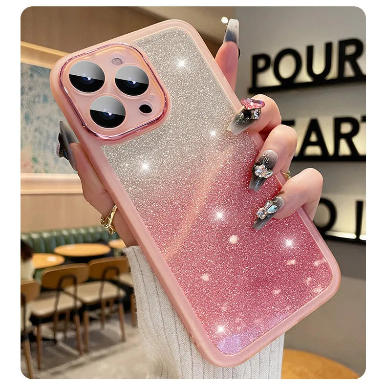 Gradient glitter silicone soft case for iPhone 15 in four colours, Star Silver shown