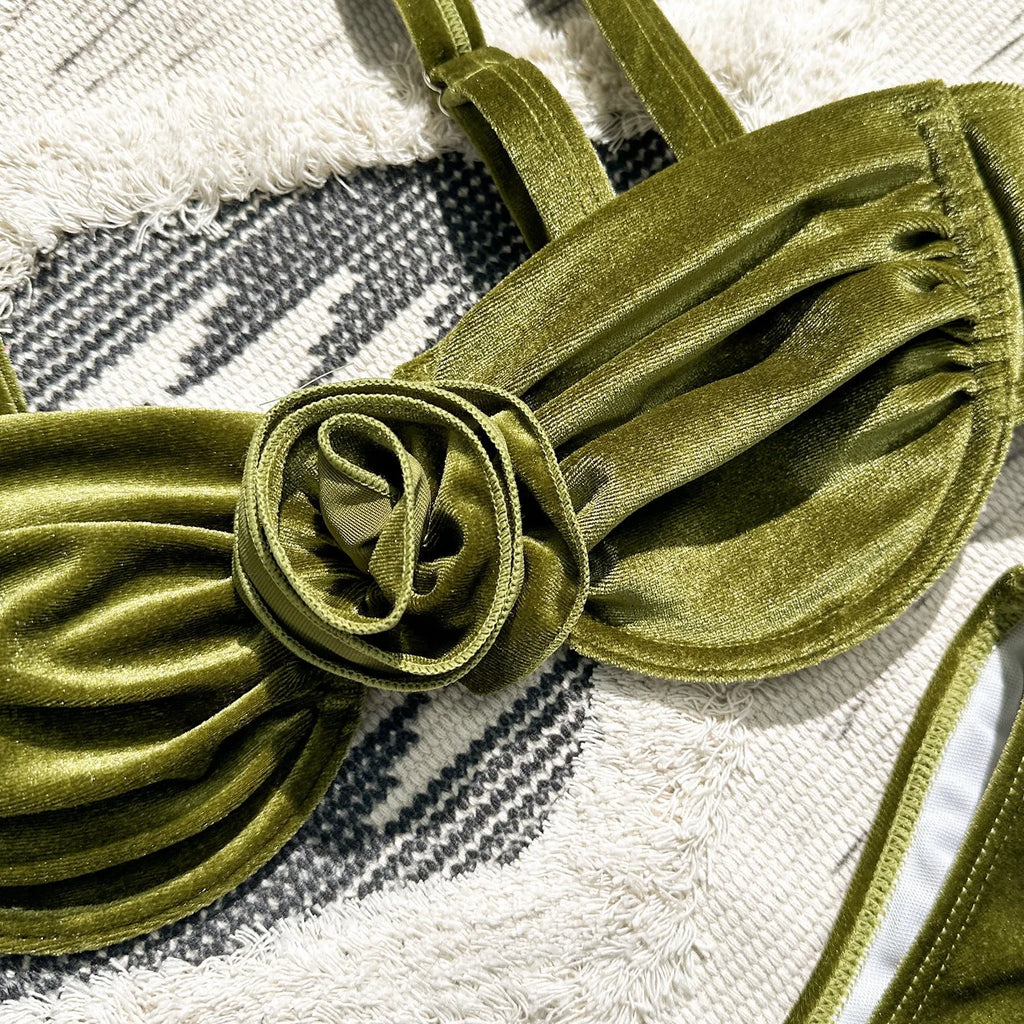 Women's A371 Green swimsuit with 3D floral pattern, includes bra and briefs.