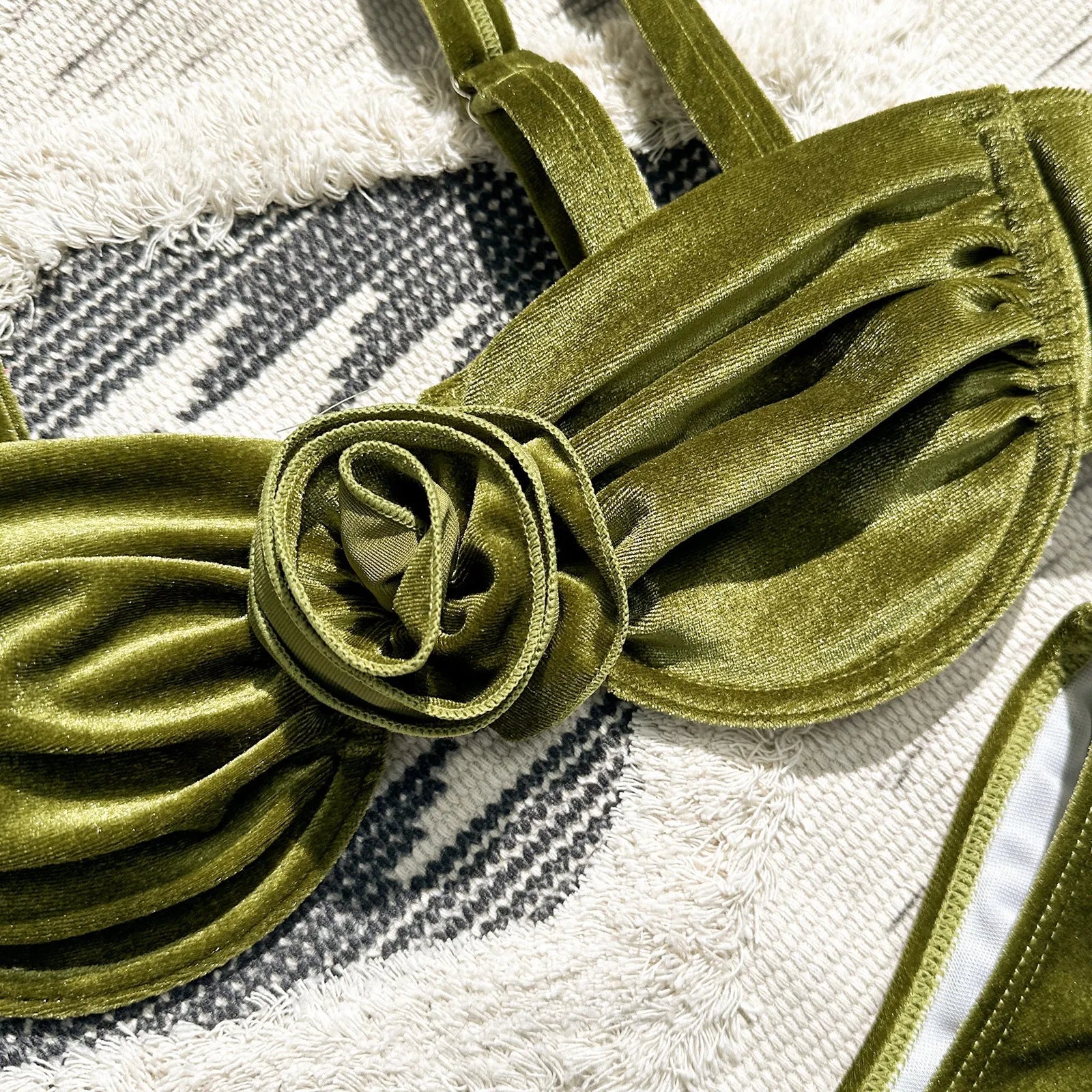 Women's A371 Green swimsuit with 3D floral pattern, includes bra and briefs.