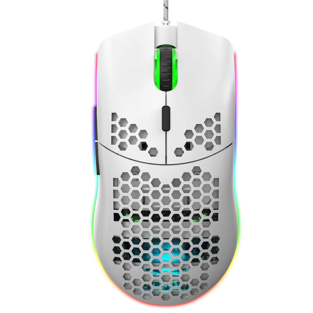 J900 lightweight honeycomb shell wired gaming mouse with RGB lighting, black colour, 6 buttons and 150cm cable