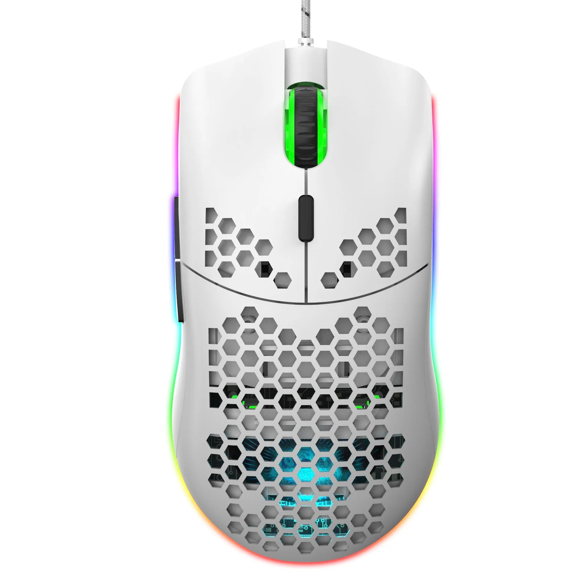J900 lightweight honeycomb shell wired gaming mouse with RGB lighting, black colour, 6 buttons and 150cm cable