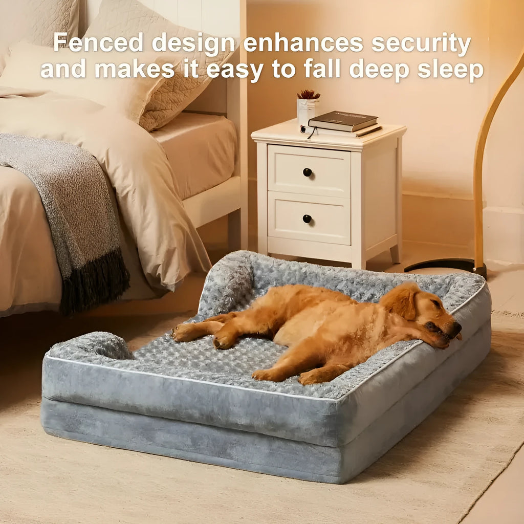 Waterproof washable dog bed with removable fabric cover in light grey, dark grey and brown colour options