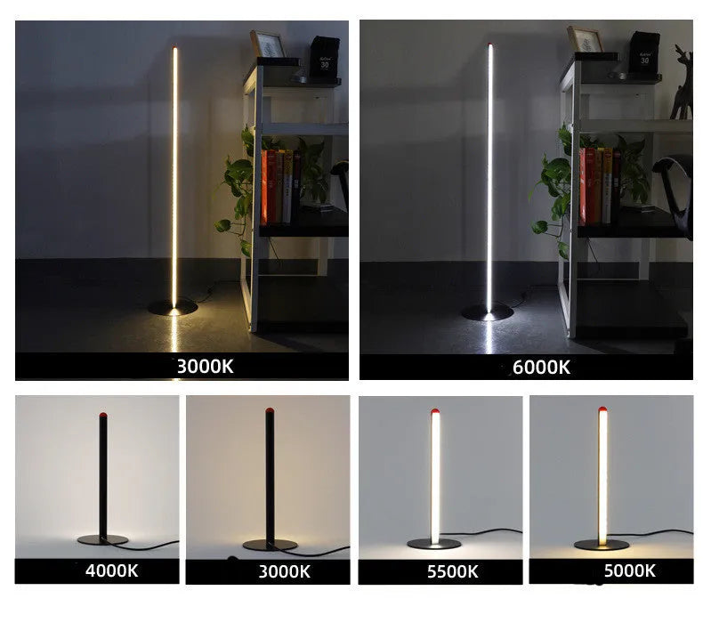 Slender vertical aluminium alloy LED floor lamp in a modern design next to a sofa.