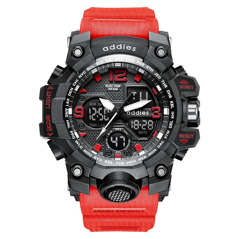 Men's black and red dual display electronic sports watch with a round plastic case and stainless steel buckle.