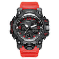 Men's black and red dual display electronic sports watch with a round plastic case and stainless steel buckle.
