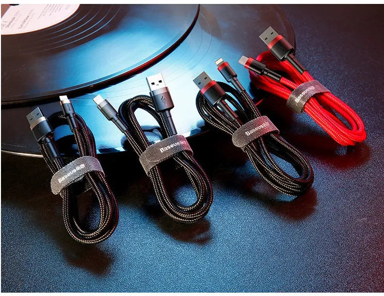 USB-C to Lightning fast charging cable for iPhone with braided nylon in red, black, gold, and grey colours