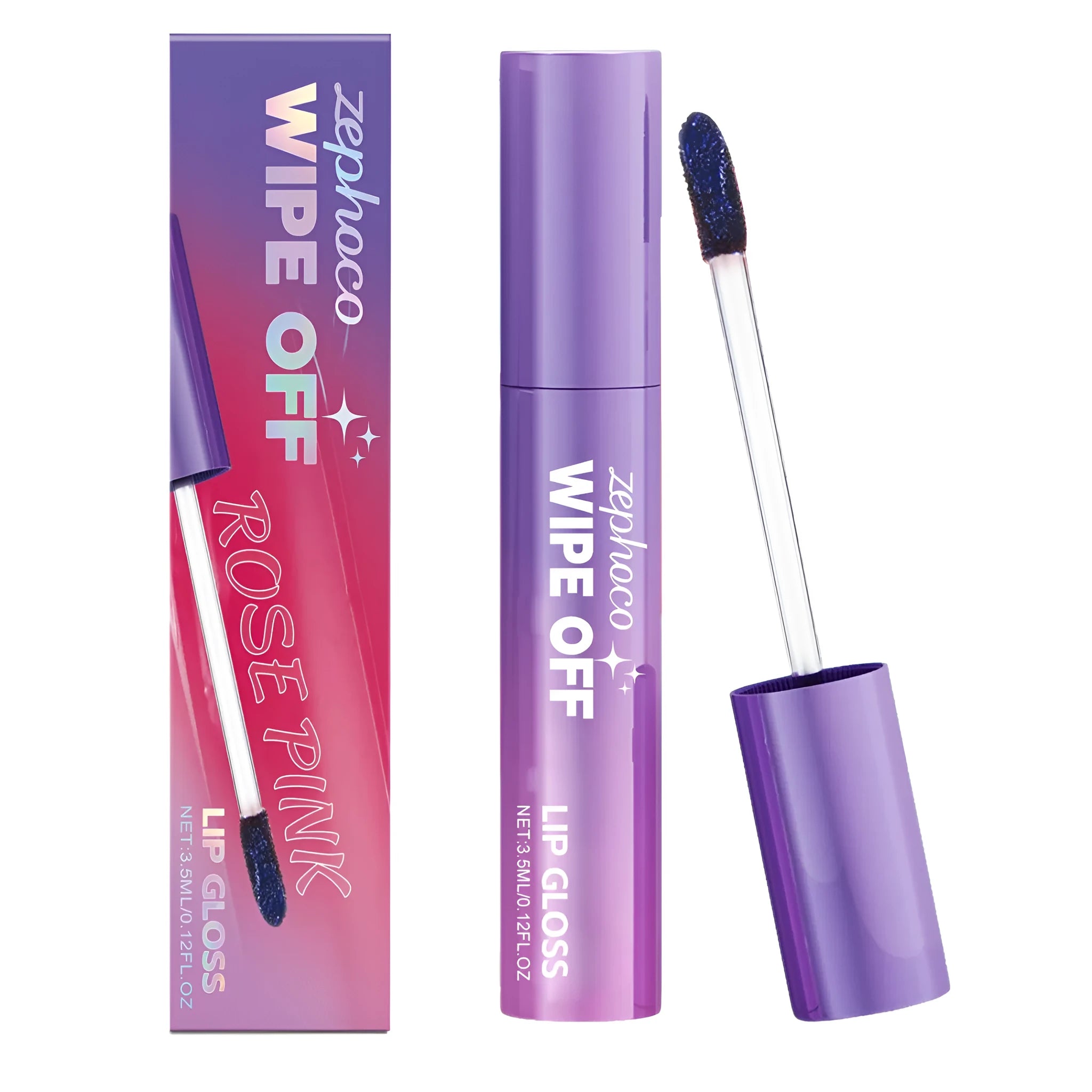 Color-changing tear lip gloss in pink, red, and rose red shades with vitamin E and mineral oil