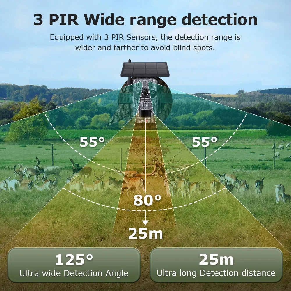 4G solar hunting camera with GPS positioning, 15m infrared night vision, and IP65 waterproof ABS/PC body