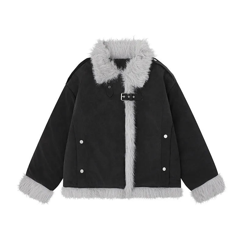 Women's American-style retro lamb wool coat in loose fit, black colour, front view